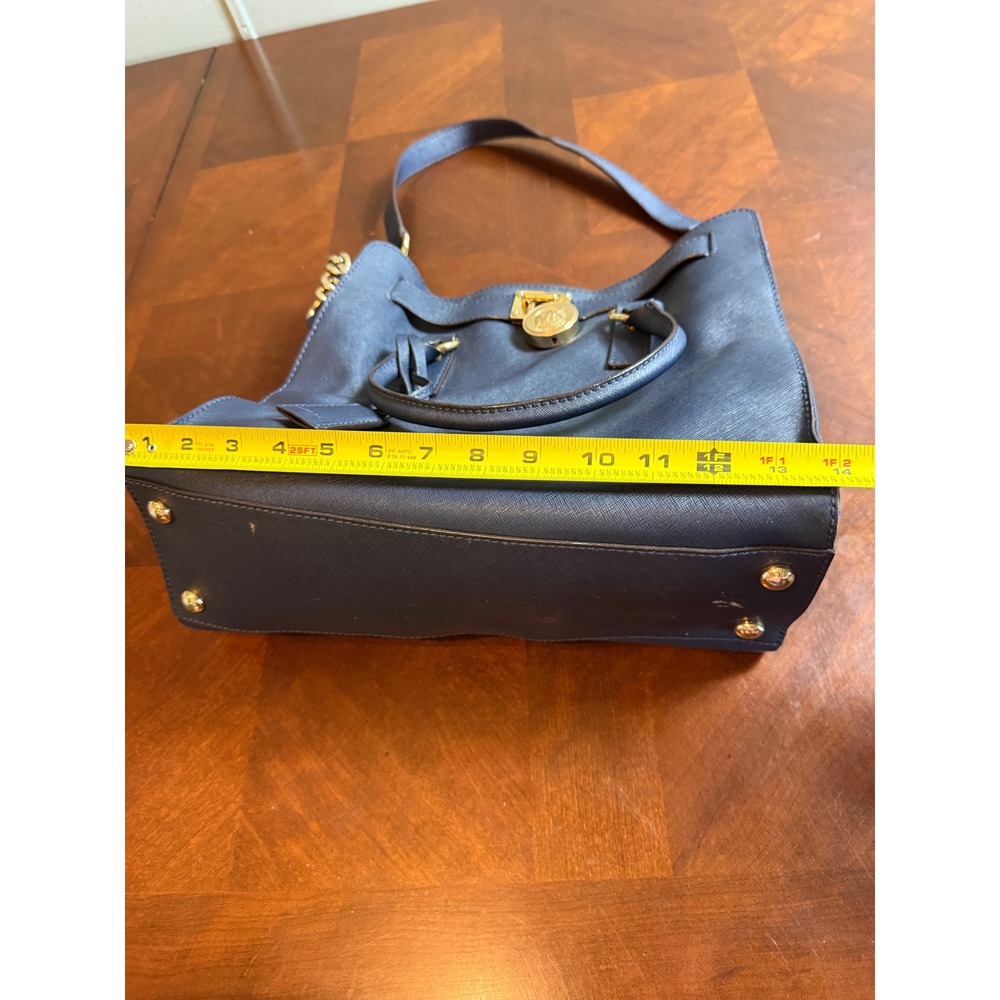 Michael Kors Hamilton Satchel Navy Blue Saffiano Leather Gold Padlock Handbag - Picture 7 of 11